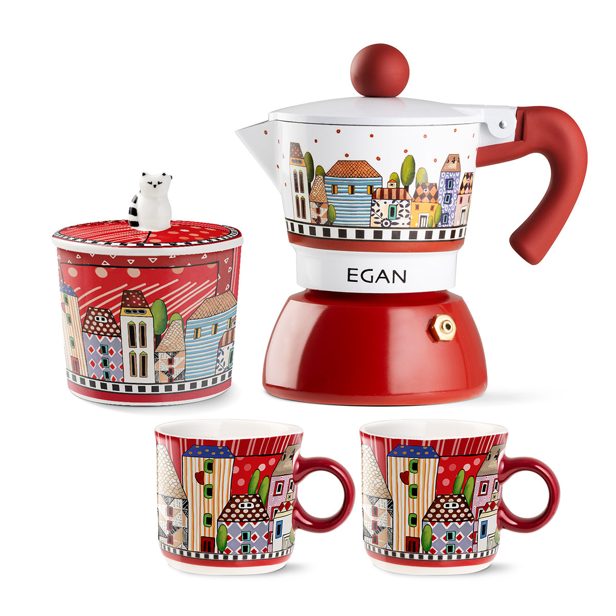 Mokka-Set 2 Tassen + 2 Mini-Becher + Zuckerdose Paese Mio Rot