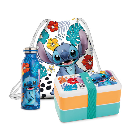 Set Lunch box + Bottiglia termica + sacca Stitch Blu