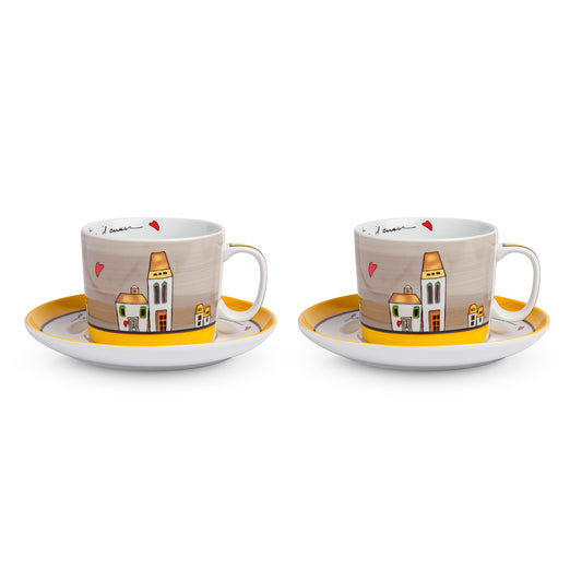Set Tazze Colazione con piattini Le Casette Giallo
