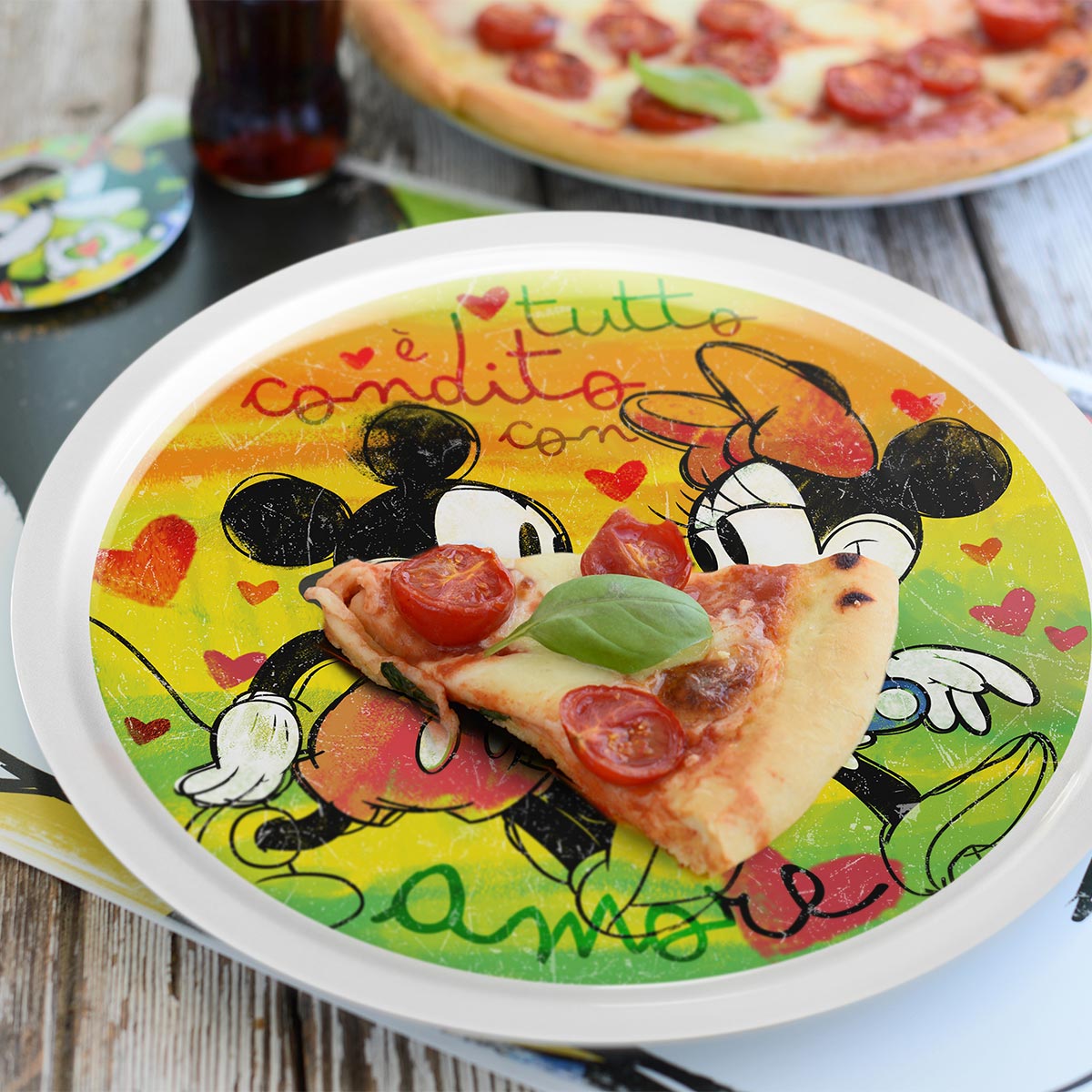 Set 2 Piatti Pizza Verde e Rosso Mickey e Minnie